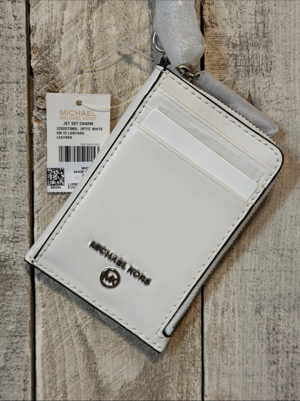 NWT Michael Kors White Leather Lanyard Card Holder with Clear ID Window
